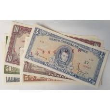 CHILE 1960 . HALF 1/2 - ONE HUNDRED 100 ESCUDOS BANKNOTES . SPECIMEN